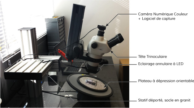A complete solution example: Digital color camera + stereo-microscope + Lighting LED ring + granite stand + adjustable vacuum table